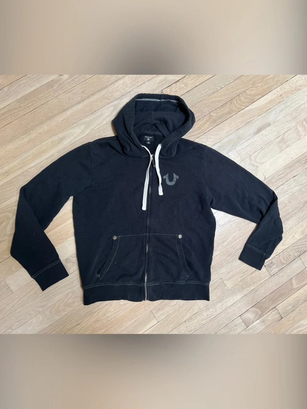 True Religion Black Zip Hoodie with Contrast Drawcords